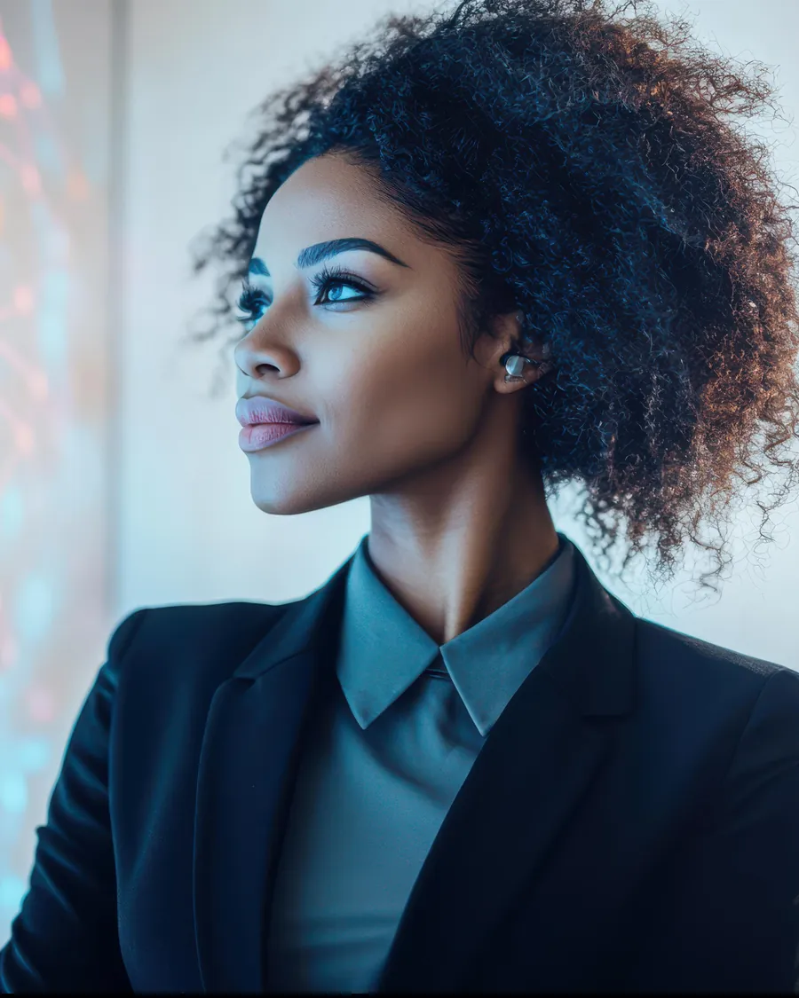 A professional woman looking out past a glowing network of connected points.